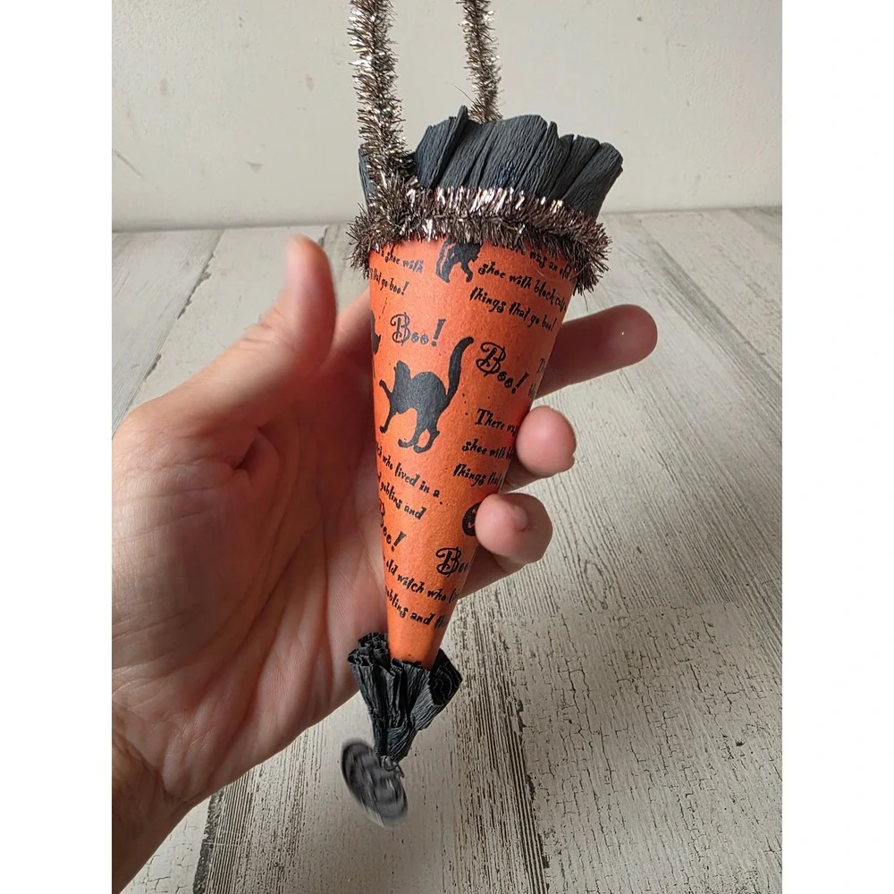 Vintage cannon falls? bethany? Halloween basket candy ornament tinsel paper